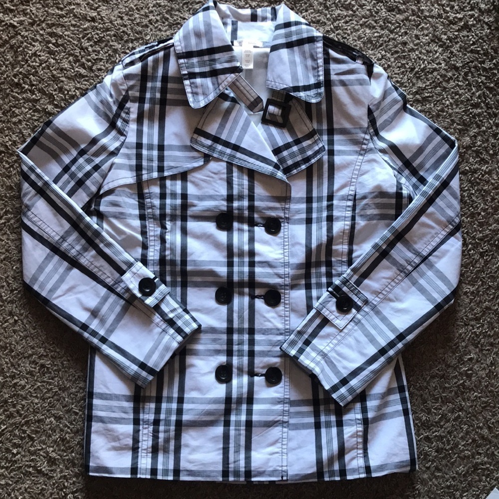 NWOT Ambiance Apparel Trench Coat Black & White Plaid Lightweight Jacket